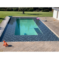 Sopremapool design piscine pvc liner armé pierre de bali imitation pierre et sable piscine en eau rendu final #rognespiscine